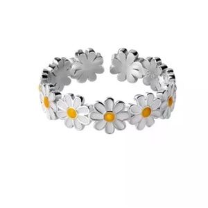 NWT 925 Silver Filled White & Yellow Daisy Flower Open Ring Adjustable